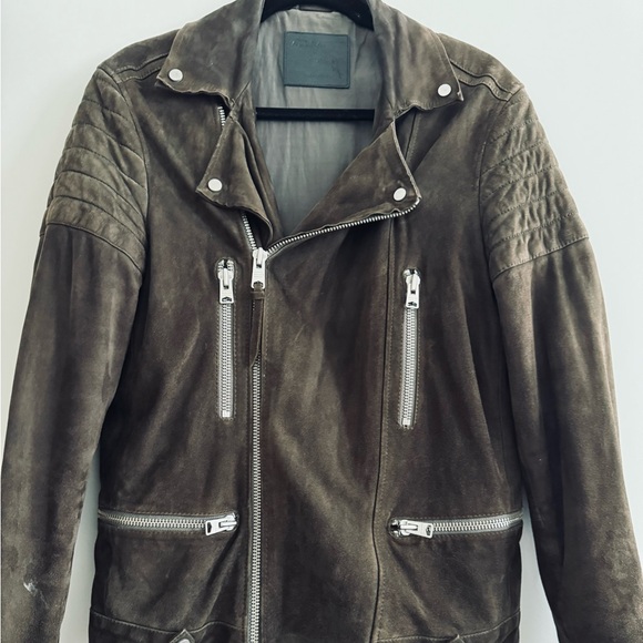 Grey Suede Leather Allsaints Moto Jacket - Picture 4 of 6